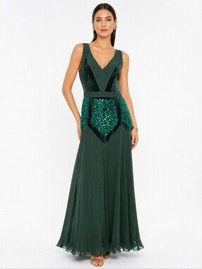 Armand Basi Green Silk Velvet Prisma Long Dress Sleeveless Size 40 6 NEW